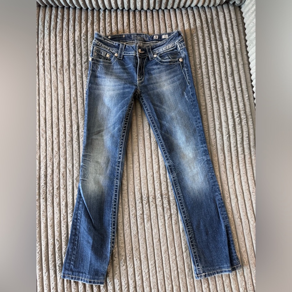Miss Me Straight Leg Light/Med Wash Women's Jeans, Angel Wing Pockets